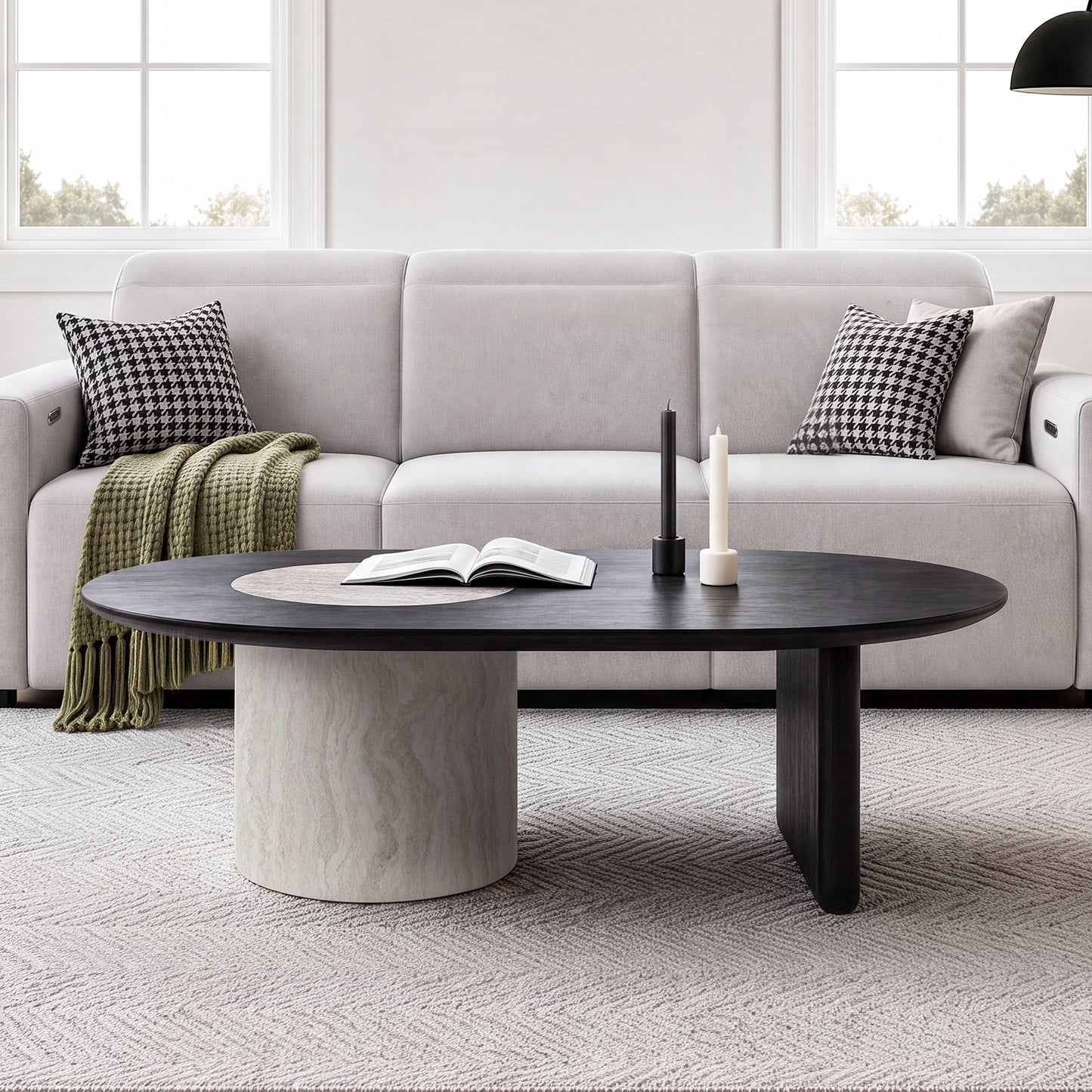 [Pre-Sale] 55.1" Asymmetrical Oval Coffee Table, Organic Modern Stone Inlay, Oak Veneer & Cylinder Base
