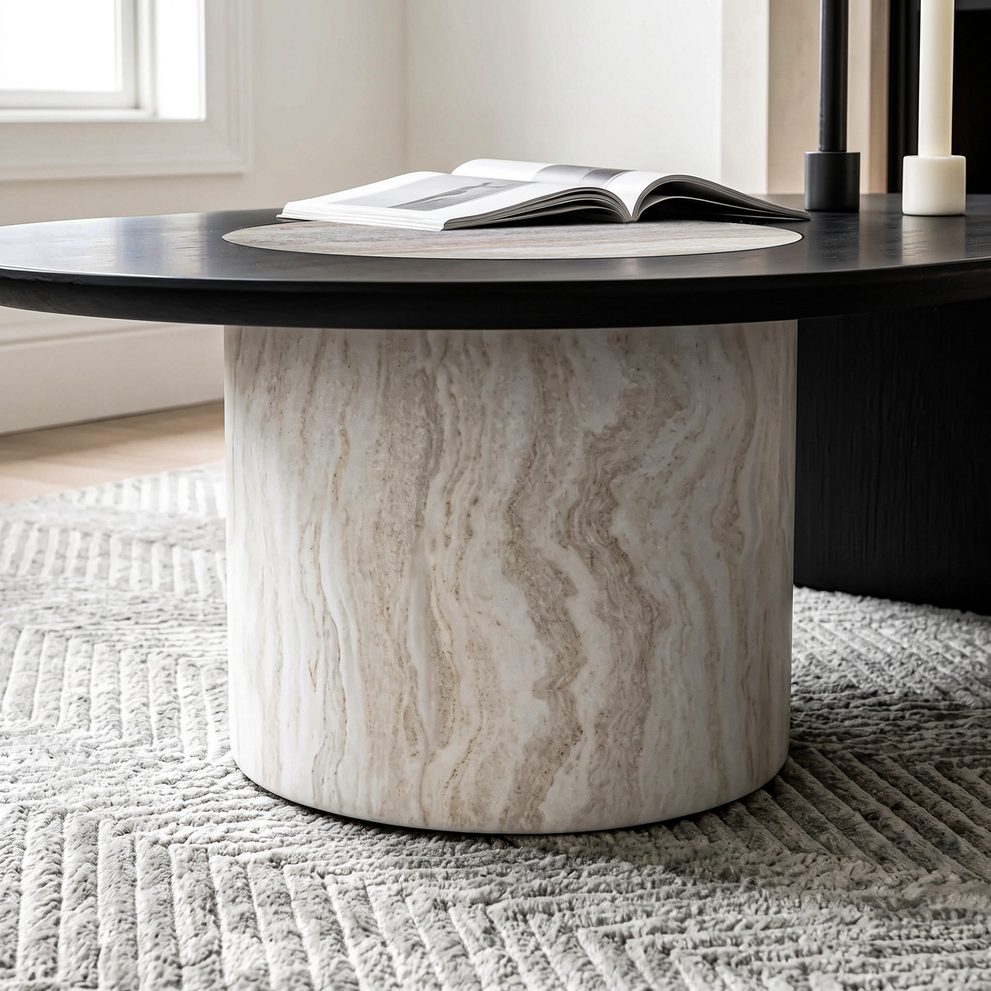 [Pre-Sale] 55.1" Asymmetrical Oval Coffee Table, Organic Modern Stone Inlay, Oak Veneer & Cylinder Base