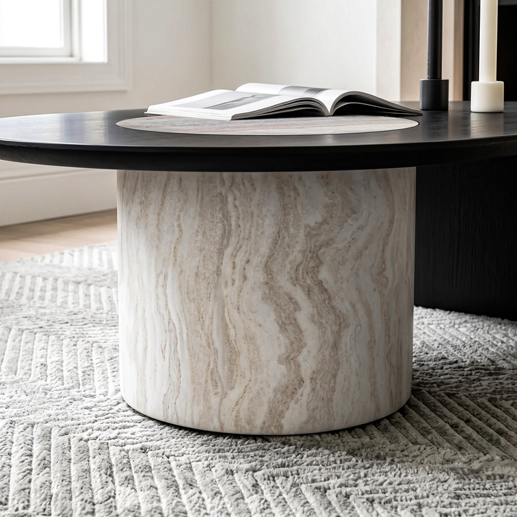 [Pre-Sale] 55.1" Asymmetrical Oval Coffee Table, Organic Modern Stone Inlay, Oak Veneer & Cylinder Base
