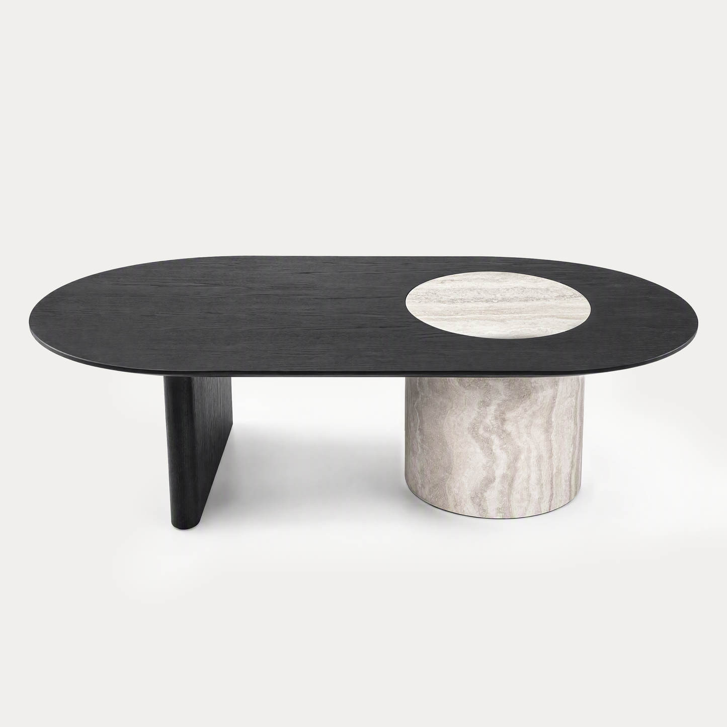 [Pre-Sale] 55.1" Asymmetrical Oval Coffee Table, Organic Modern Stone Inlay, Oak Veneer & Cylinder Base