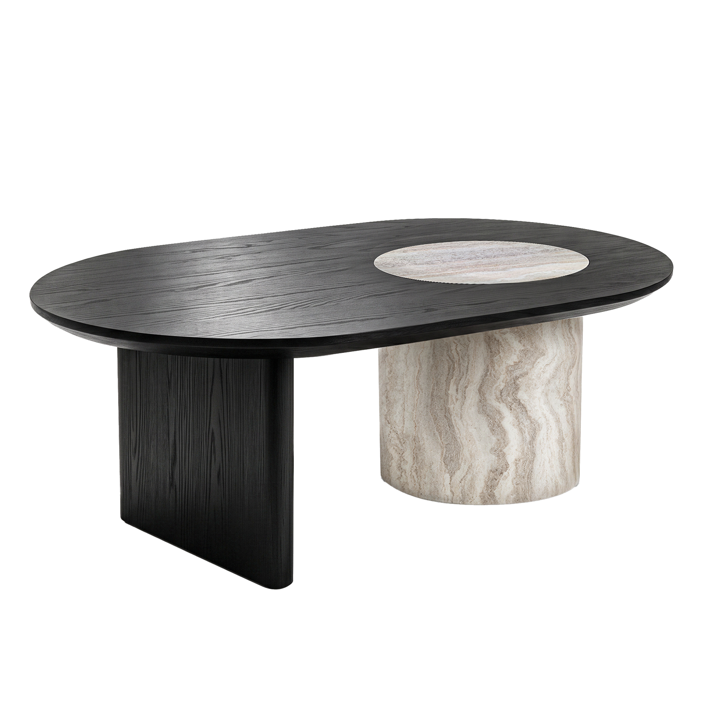 [Pre-Sale] 55.1" Asymmetrical Oval Coffee Table, Organic Modern Stone Inlay, Oak Veneer & Cylinder Base