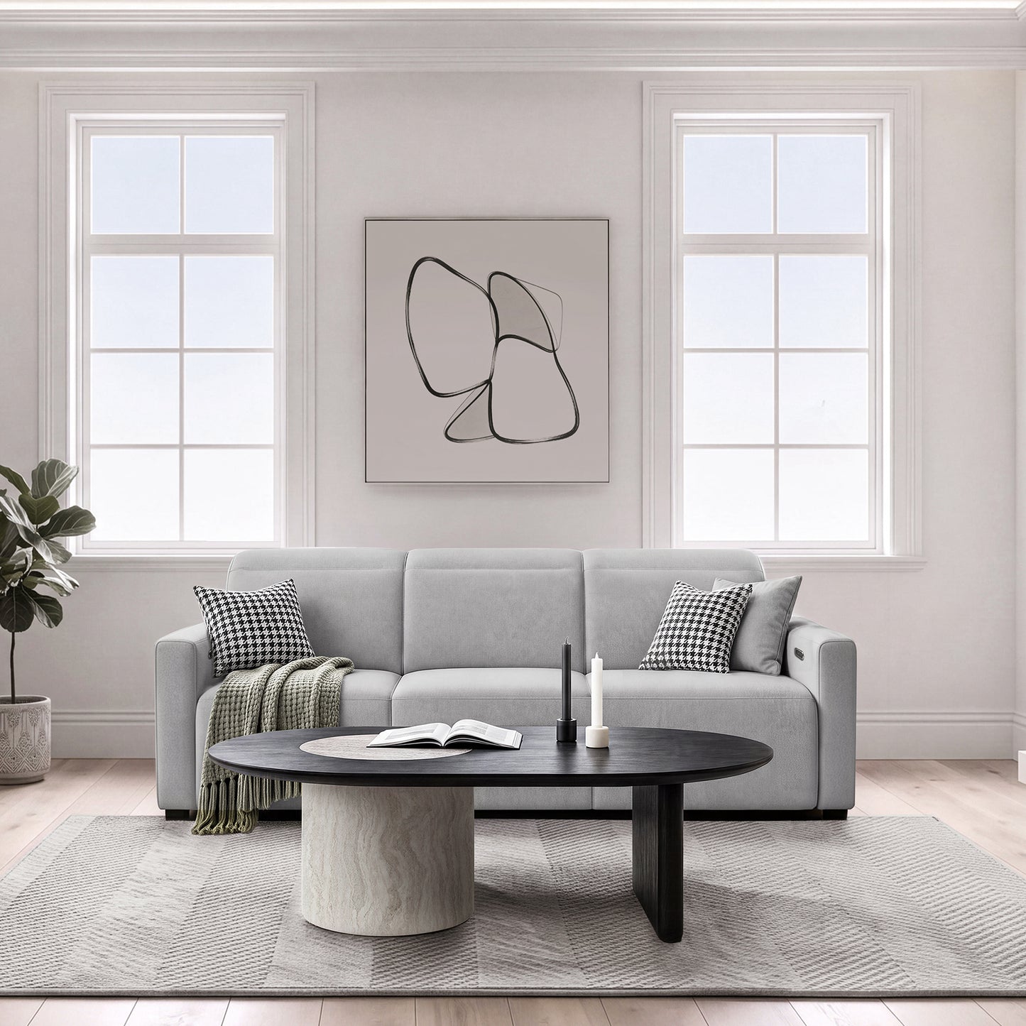 [Pre-Sale] 55.1" Asymmetrical Oval Coffee Table, Organic Modern Stone Inlay, Oak Veneer & Cylinder Base