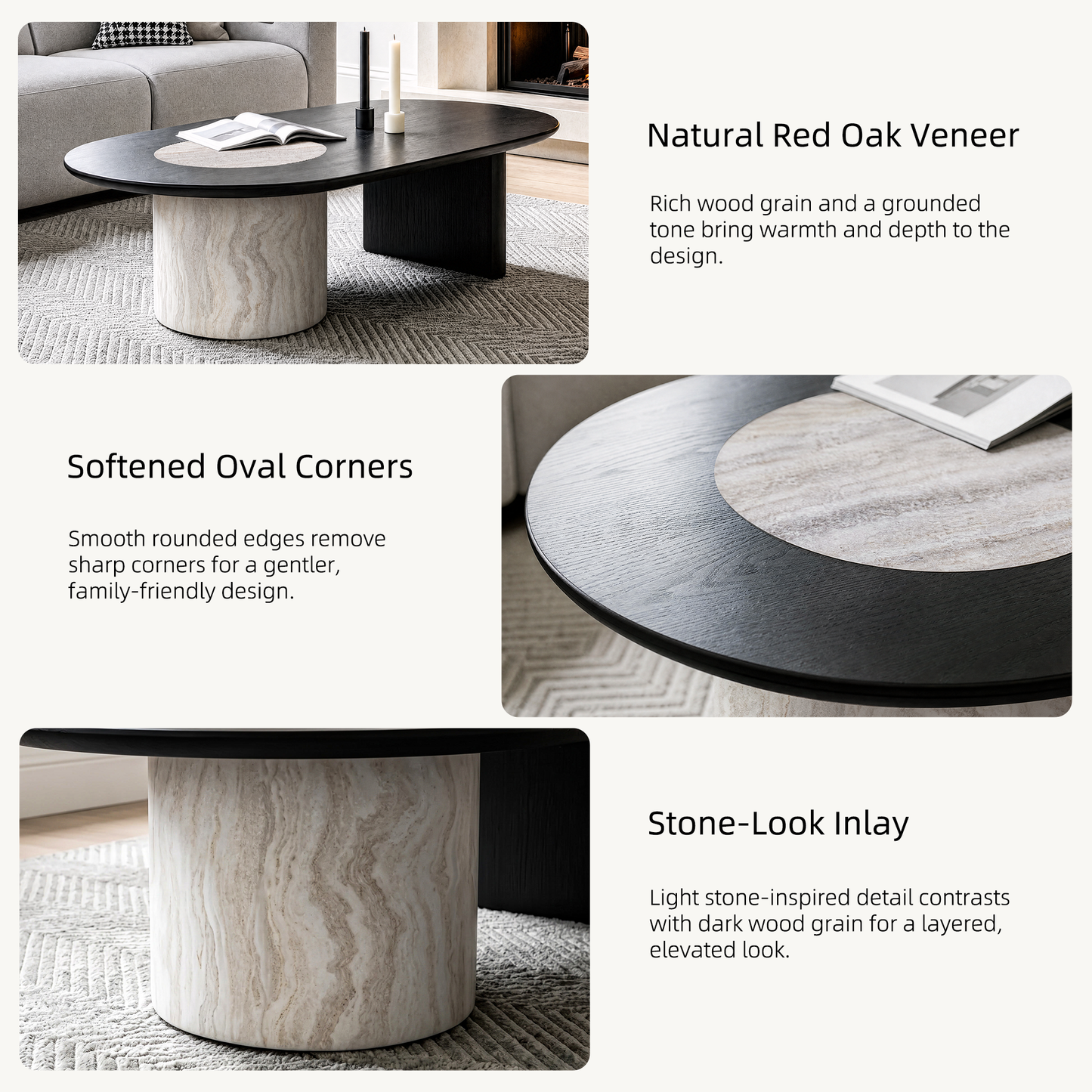 [Pre-Sale] 55.1" Asymmetrical Oval Coffee Table, Organic Modern Stone Inlay, Oak Veneer & Cylinder Base