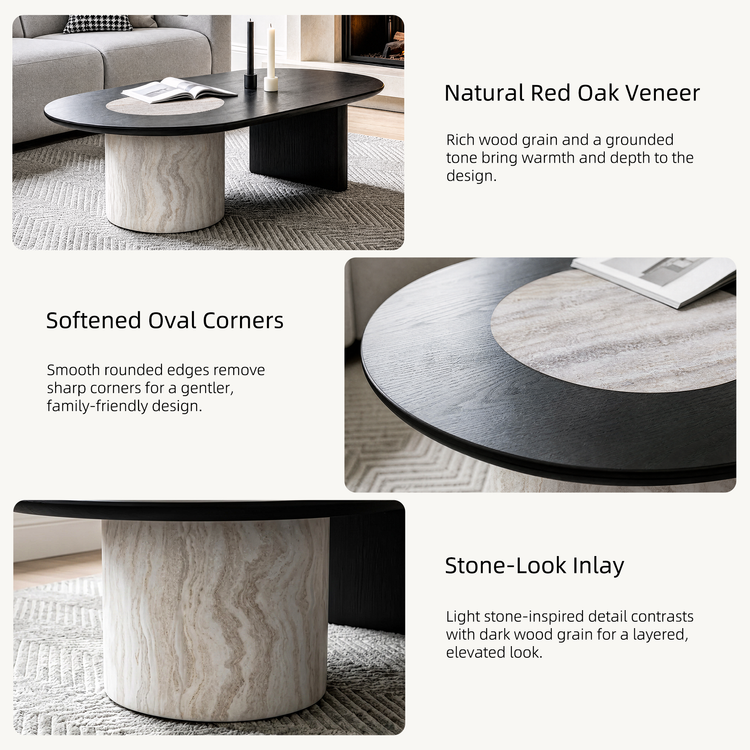 [Pre-Sale] 55.1" Asymmetrical Oval Coffee Table, Organic Modern Stone Inlay, Oak Veneer & Cylinder Base