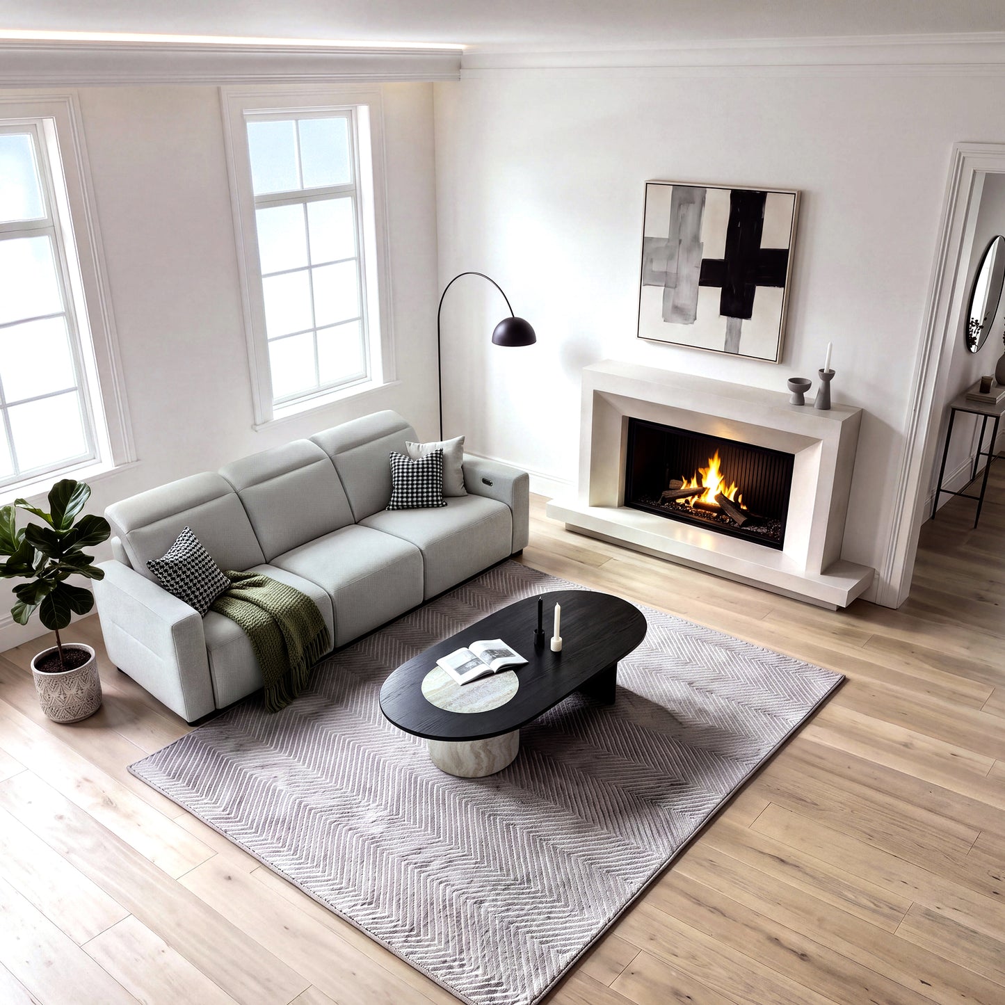 [Pre-Sale] 55.1" Asymmetrical Oval Coffee Table, Organic Modern Stone Inlay, Oak Veneer & Cylinder Base