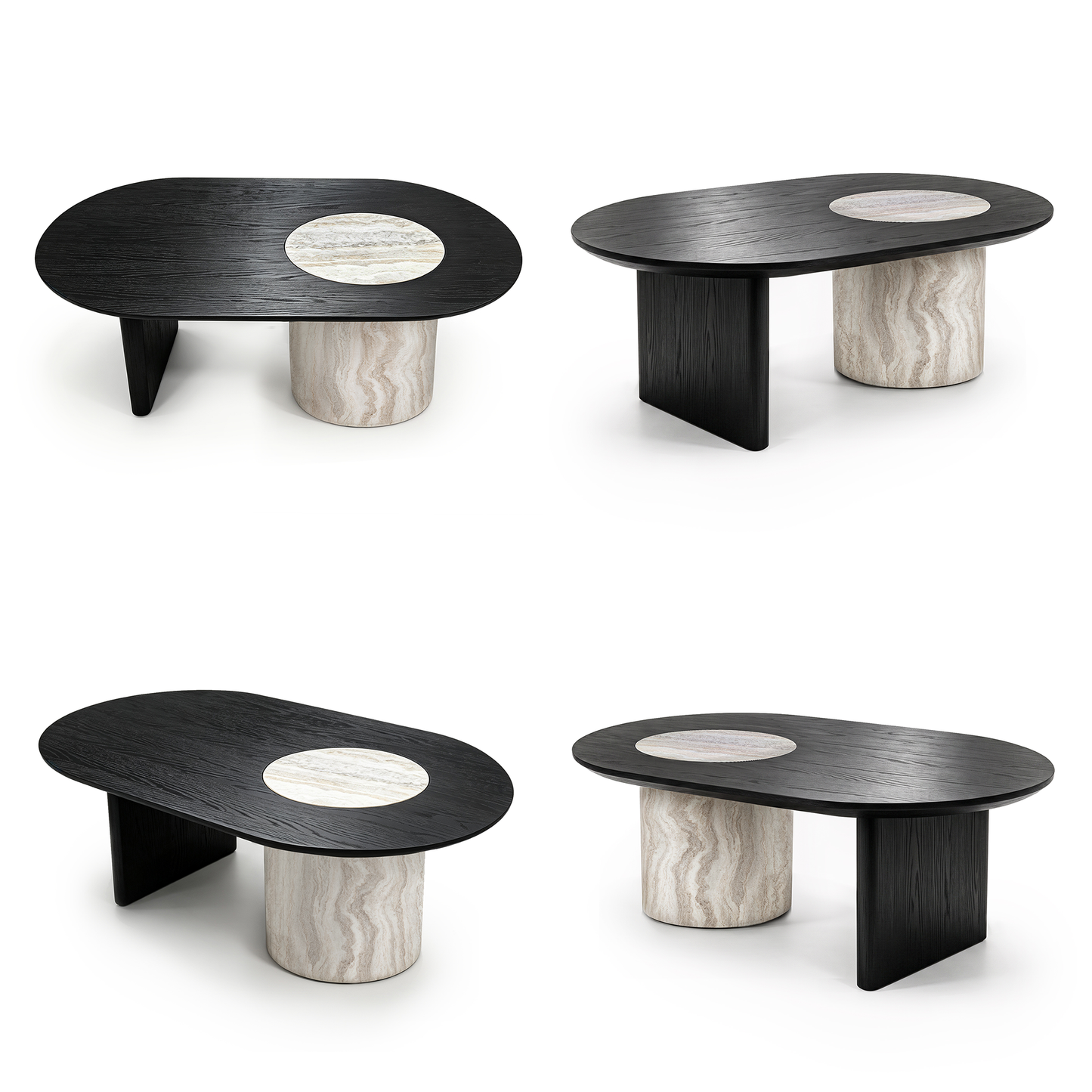 [Pre-Sale] 55.1" Asymmetrical Oval Coffee Table, Organic Modern Stone Inlay, Oak Veneer & Cylinder Base