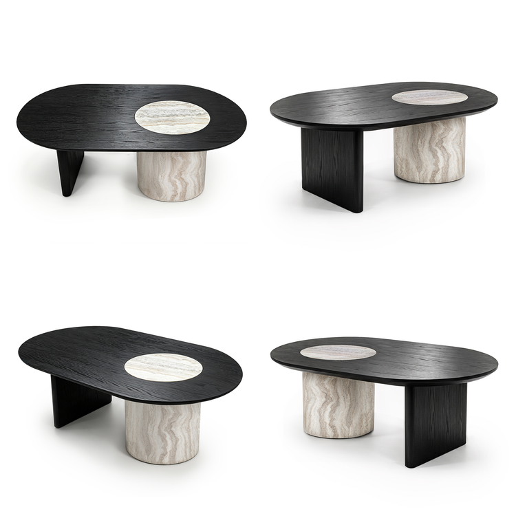 [Pre-Sale] 55.1" Asymmetrical Oval Coffee Table, Organic Modern Stone Inlay, Oak Veneer & Cylinder Base