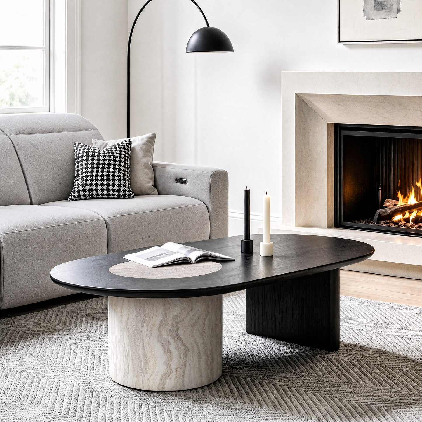 [Pre-Sale] 55.1" Asymmetrical Oval Coffee Table, Organic Modern Stone Inlay, Oak Veneer & Cylinder Base