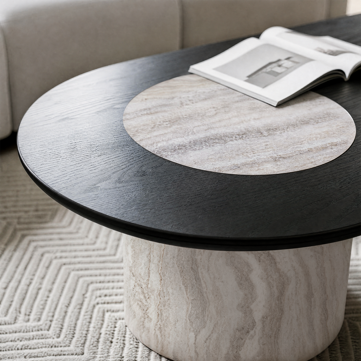 [Pre-Sale] 55.1" Asymmetrical Oval Coffee Table, Organic Modern Stone Inlay, Oak Veneer & Cylinder Base