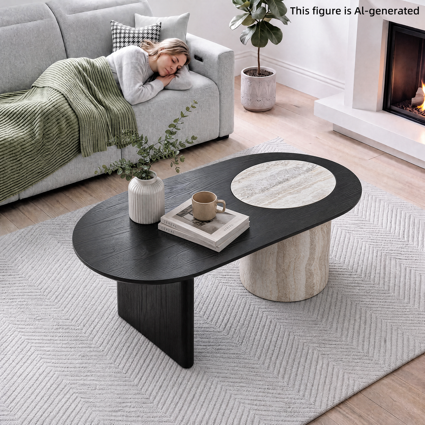 [Pre-Sale] 55.1" Asymmetrical Oval Coffee Table, Organic Modern Stone Inlay, Oak Veneer & Cylinder Base