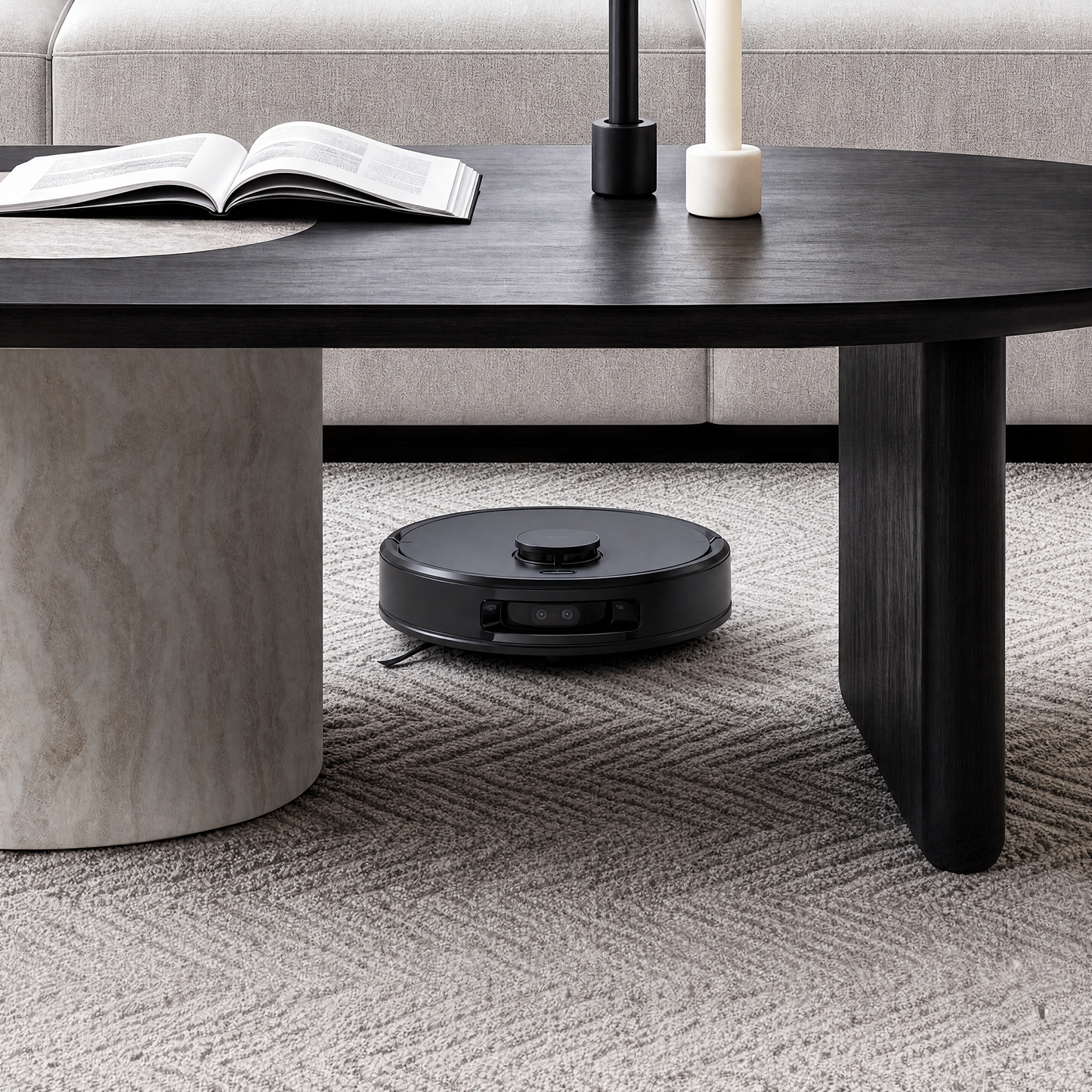 [Pre-Sale] 55.1" Asymmetrical Oval Coffee Table, Organic Modern Stone Inlay, Oak Veneer & Cylinder Base