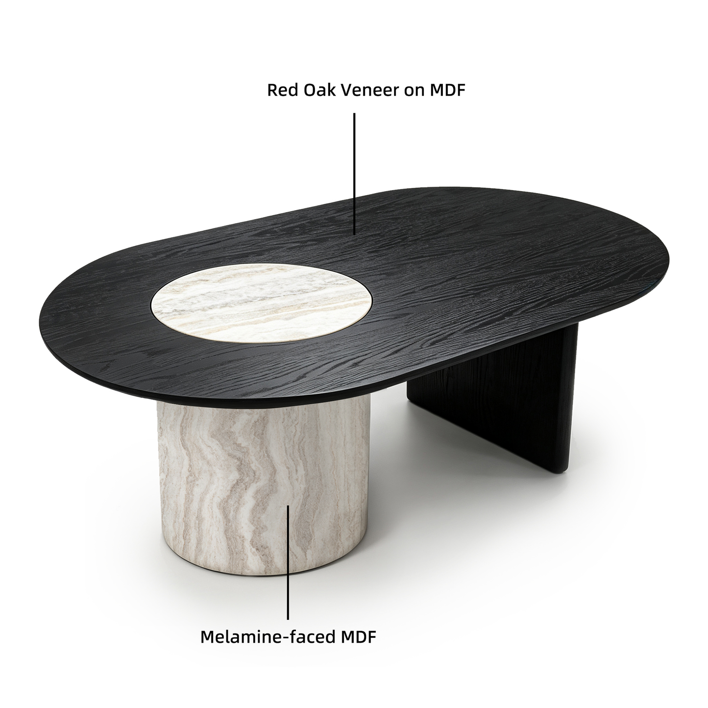 [Pre-Sale] 55.1" Asymmetrical Oval Coffee Table, Organic Modern Stone Inlay, Oak Veneer & Cylinder Base