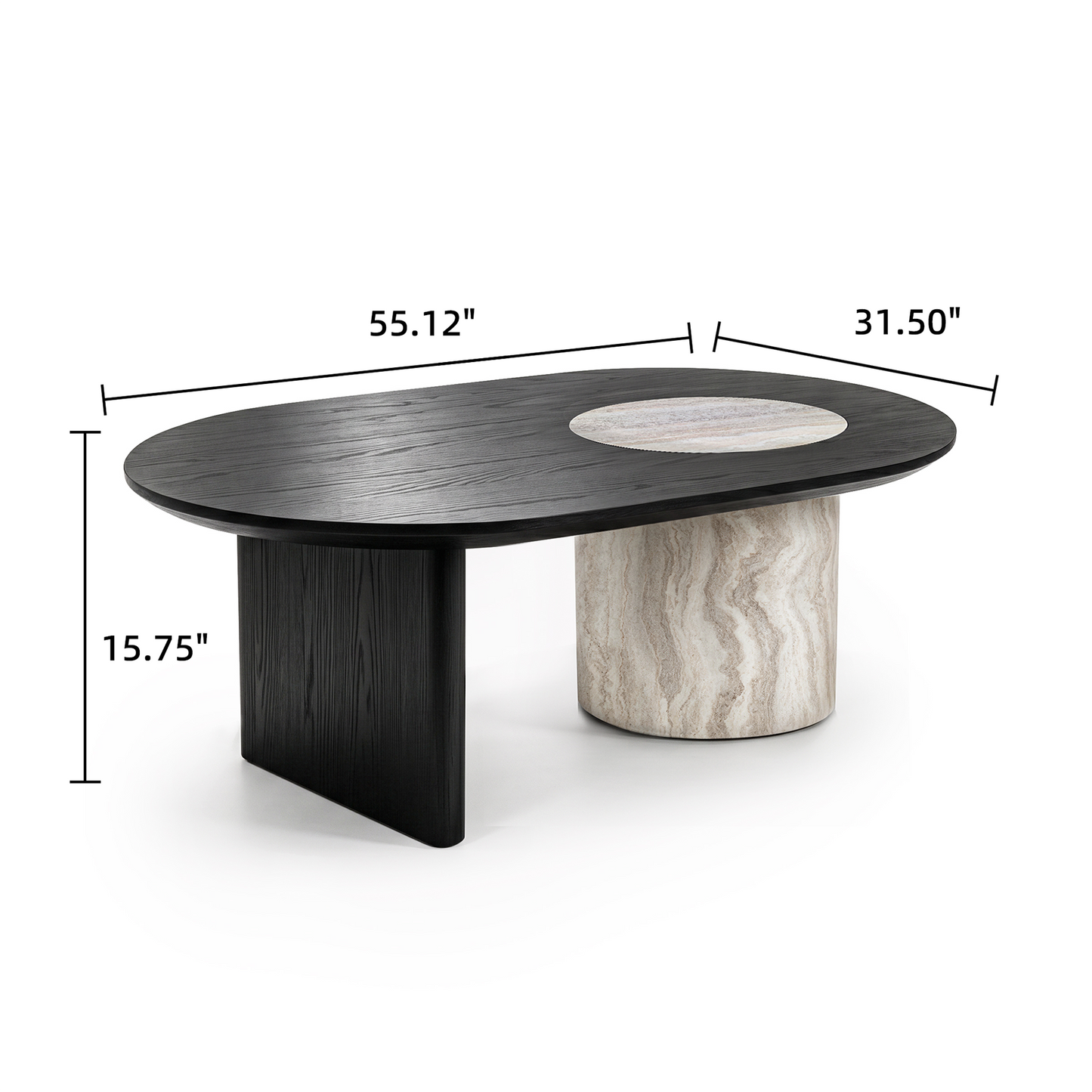 [Pre-Sale] 55.1" Asymmetrical Oval Coffee Table, Organic Modern Stone Inlay, Oak Veneer & Cylinder Base