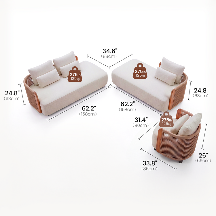Mesa 124" Outdoor Wood and Woven Rope 3 Seater Modular Sectional Sofa