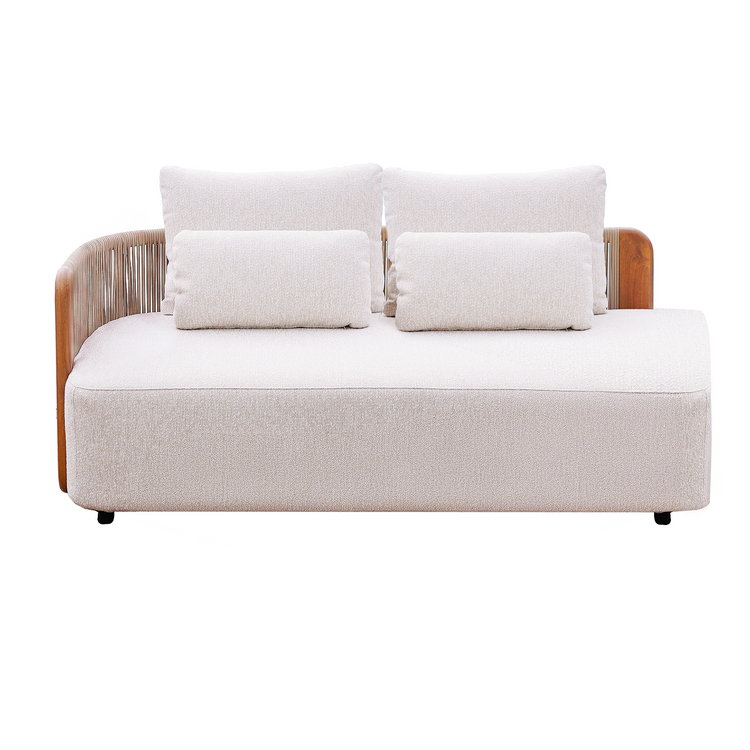 Cream loveseat with four cushions, curved arms, and corded side panels