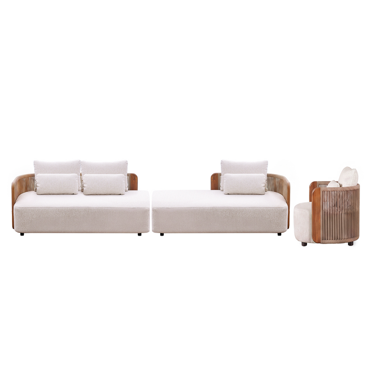 Mesa 124" Outdoor Wood and Woven Rope 3 Seater Modular Sectional Sofa