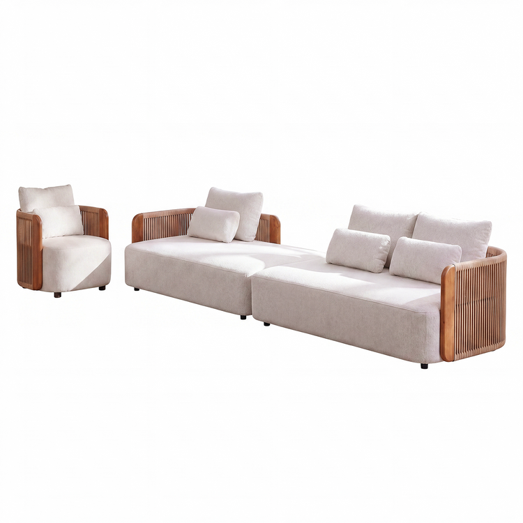Mesa 124" Outdoor Wood and Woven Rope 3 Seater Modular Sectional Sofa