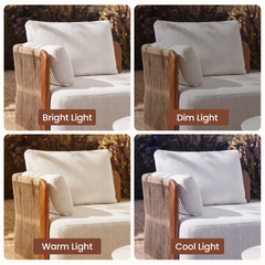Close-up shows a rounded wood-tone arm frame with vertical rope detailing and light cushions
