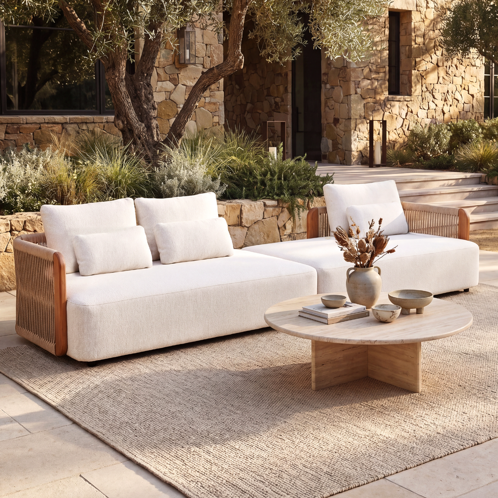 Mesa 124" Outdoor Wood and Woven Rope 3 Seater Modular Sectional Sofa