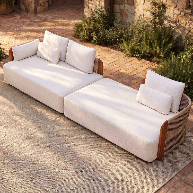 Mesa 124" Outdoor Wood and Woven Rope 3 Seater Modular Sectional Sofa
