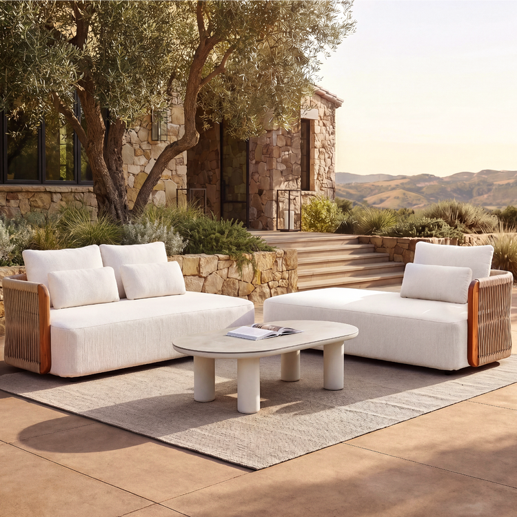 Mesa 124" Outdoor Wood and Woven Rope 3 Seater Modular Sectional Sofa