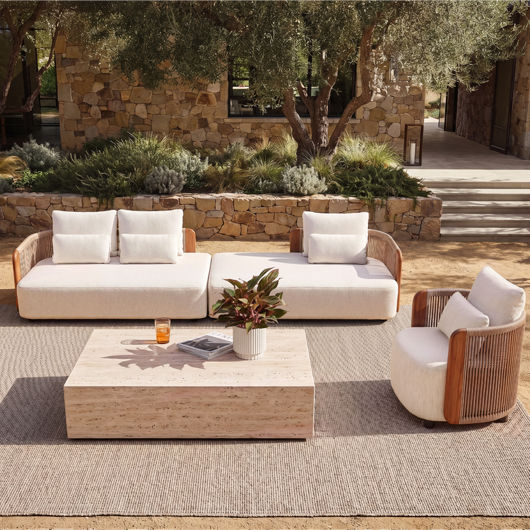 Mesa 124" Outdoor Wood and Woven Rope 3 Seater Modular Sectional Sofa