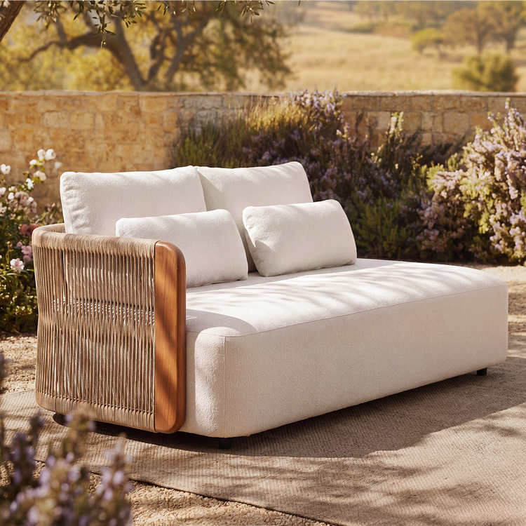 Mesa 124" Outdoor Wood and Woven Rope 3 Seater Modular Sectional Sofa