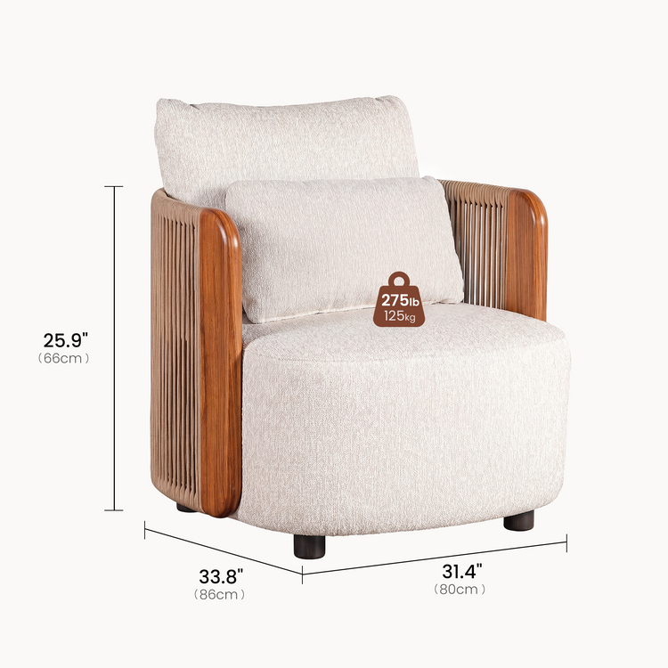 Cream accent chair with curved wood side panels is isolated with measurement arrows and a weight icon