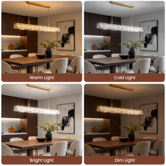 Four views of a long pendant light above a dining table compare warm, cold, bright and dim lighting.