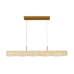 Gold-colored linear pendant light with overlapping rectangular panels patterned with bright dots, suspended by two thin cables from a rectangular ceiling mount.