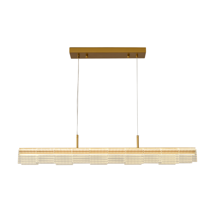 Gold-colored linear pendant light with overlapping rectangular panels patterned with bright dots, suspended by two thin cables from a rectangular ceiling mount.