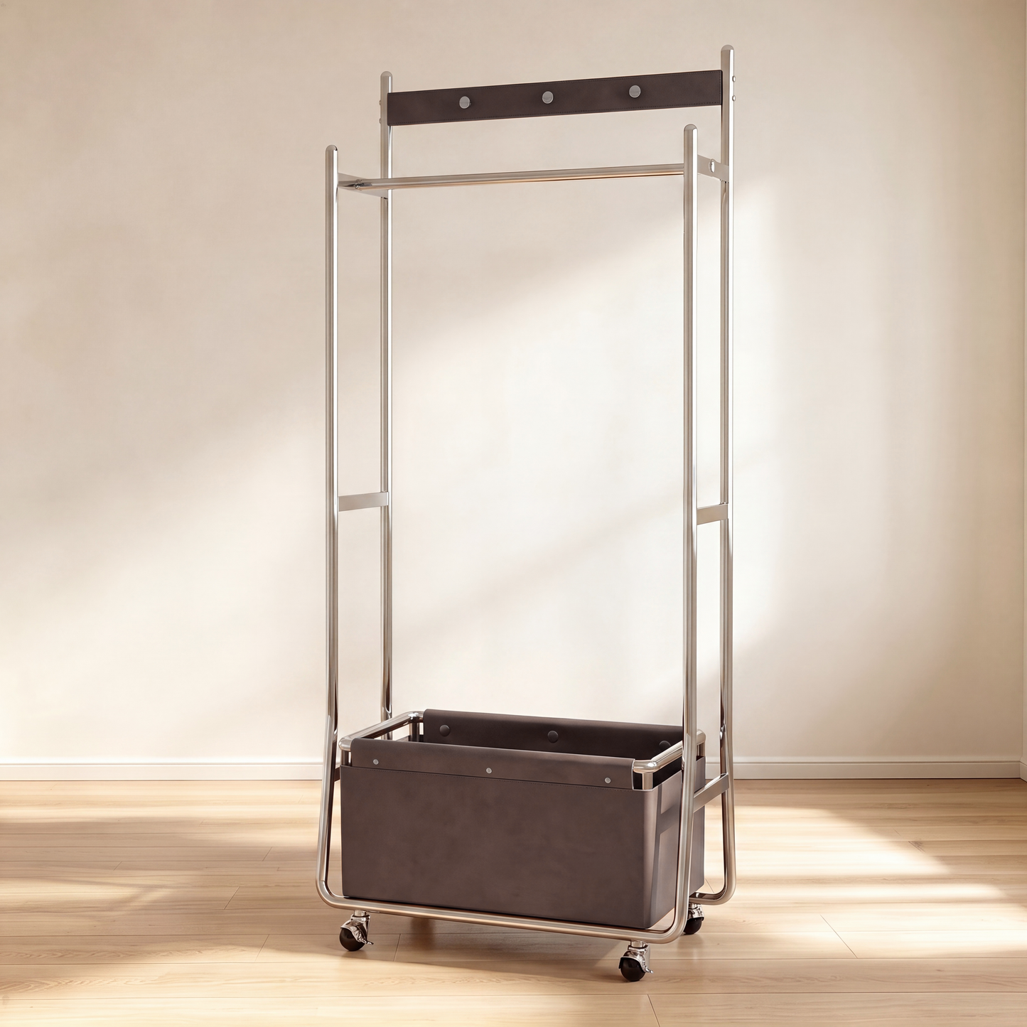 [Pre-Sale] Modern Industrial Mobile Coat Rack with Saddle Leather Storage Box Metal Rolling Garment Rack