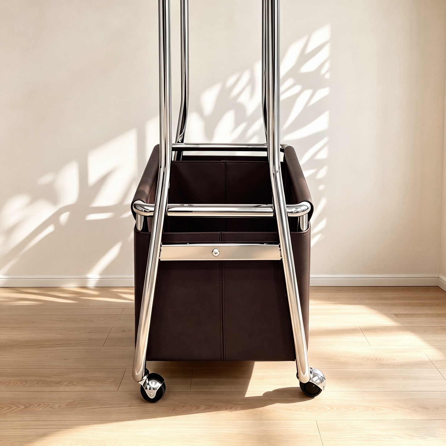 [Pre-Sale] Modern Industrial Mobile Coat Rack with Saddle Leather Storage Box Metal Rolling Garment Rack
