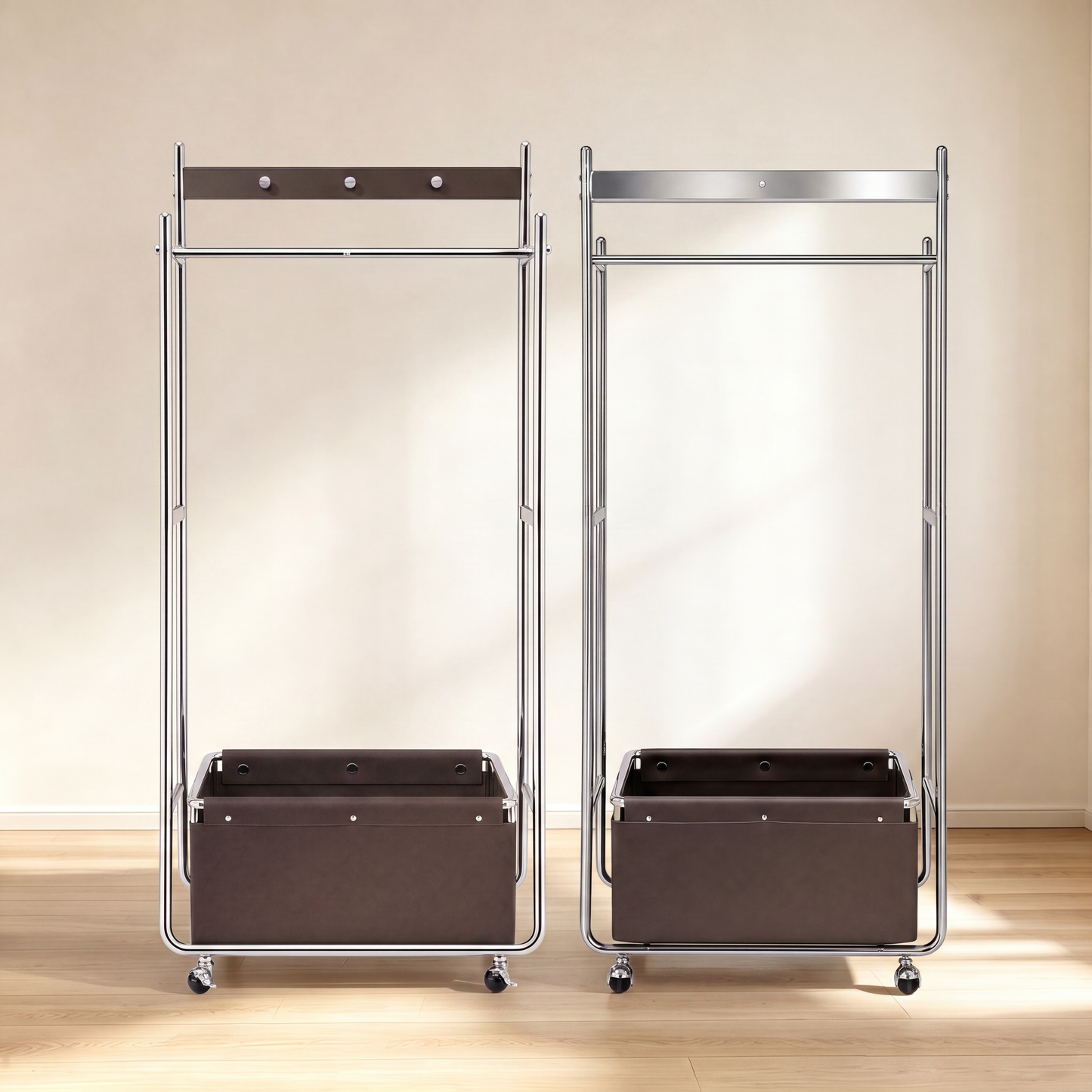 [Pre-Sale] Modern Industrial Mobile Coat Rack with Saddle Leather Storage Box Metal Rolling Garment Rack