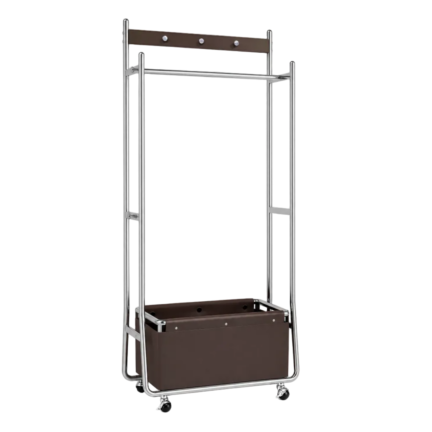 A tall rolling garment rack with a chrome metal frame, dark brown wooden top bar, and a matching brown storage bin on wheels, shown against a plain white background.