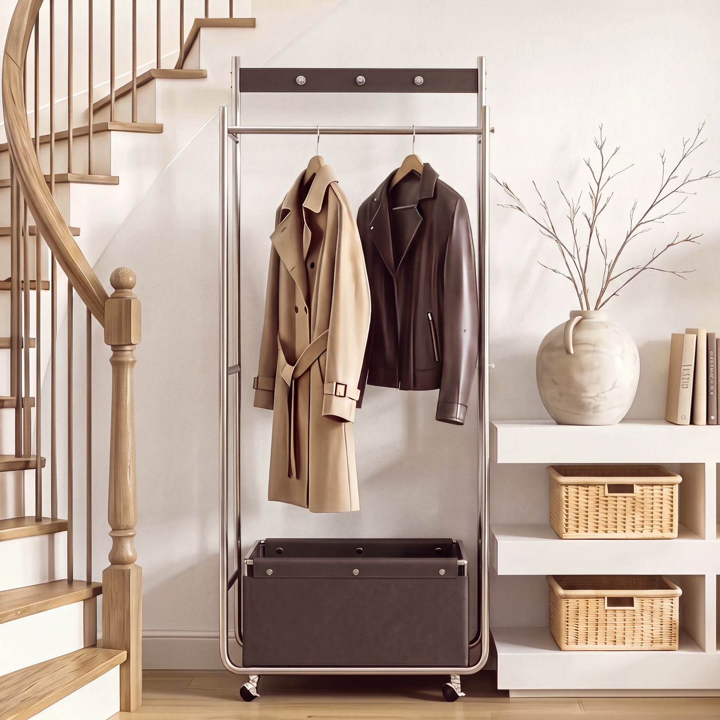[Pre-Sale] Modern Industrial Mobile Coat Rack with Saddle Leather Storage Box Metal Rolling Garment Rack