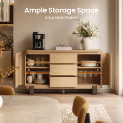 Light wood sideboard with open shelves and a central sliding door, holding dishes and a coffee maker