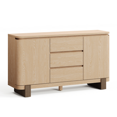 A pale wood sideboard with two doors, three central drawers, rounded front corners, and block feet appears on white