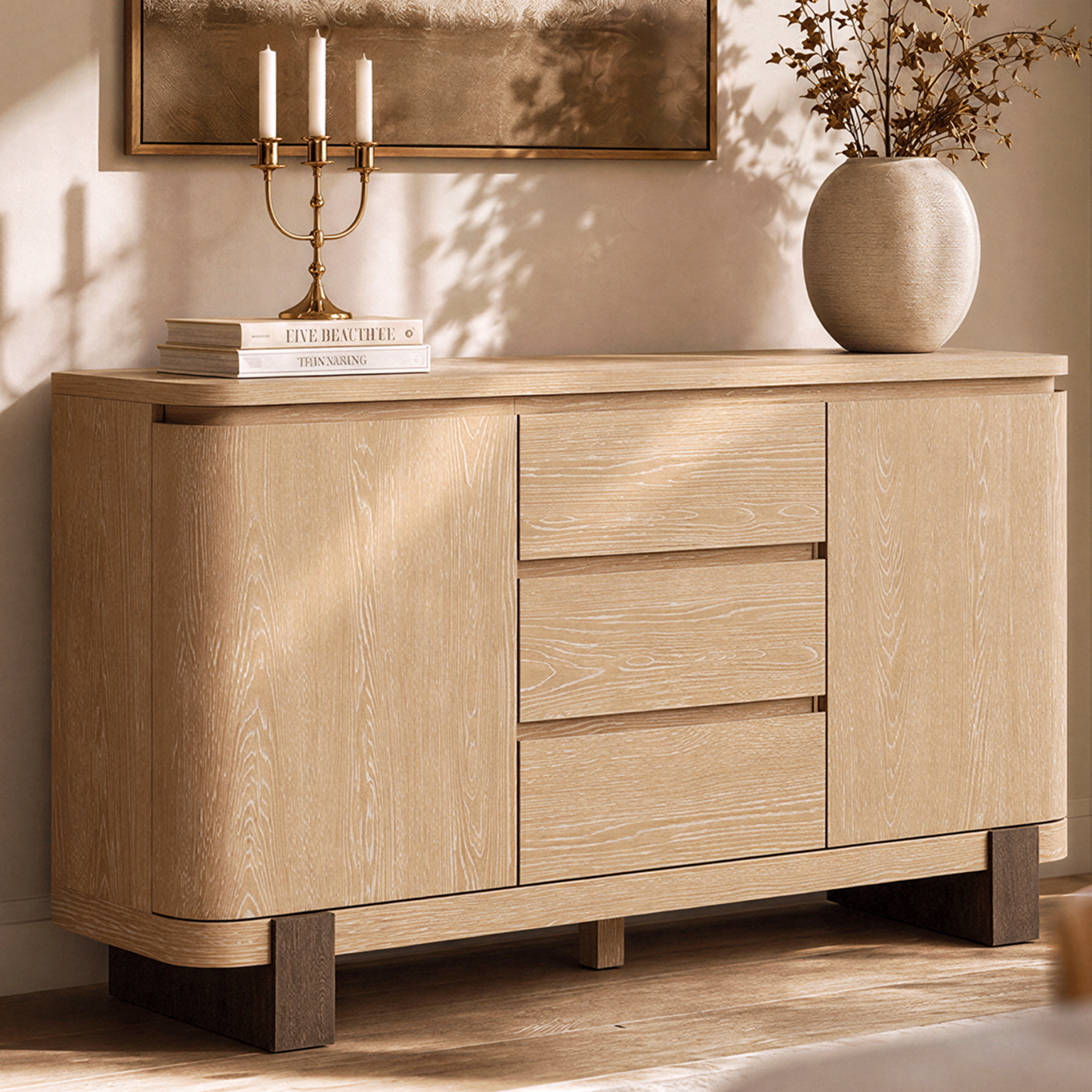 ModernMate 56 Inch Sideboard Buffet Cabinet, Storage Credenza with 3 Drawers and 2 Doors, Modern Organic Dining Room Storage Cabinet with Adjustable Shelves & Soft Close Hinges, Natural Oak