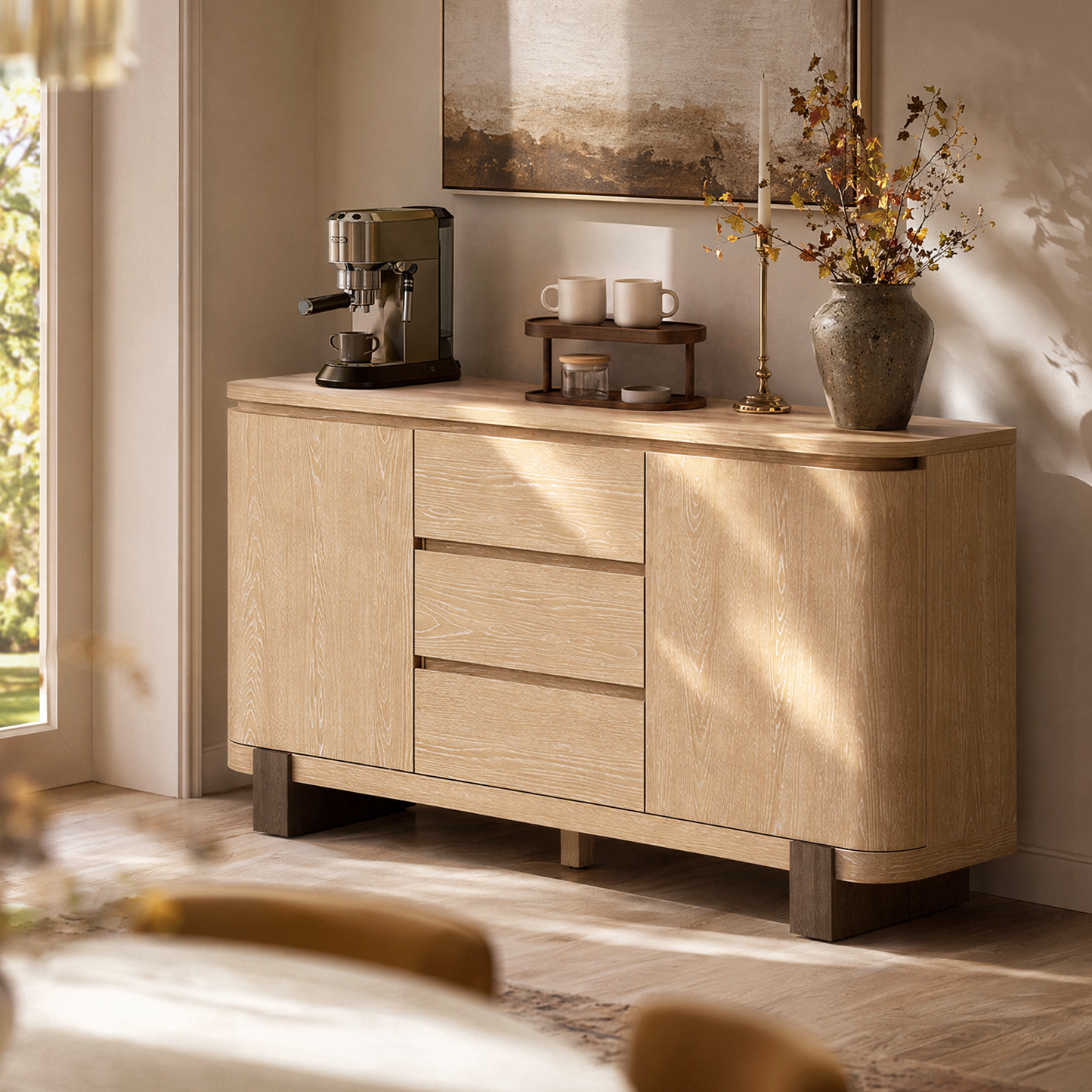 ModernMate 56 Inch Sideboard Buffet Cabinet, Storage Credenza with 3 Drawers and 2 Doors, Modern Organic Dining Room Storage Cabinet with Adjustable Shelves & Soft Close Hinges, Natural Oak