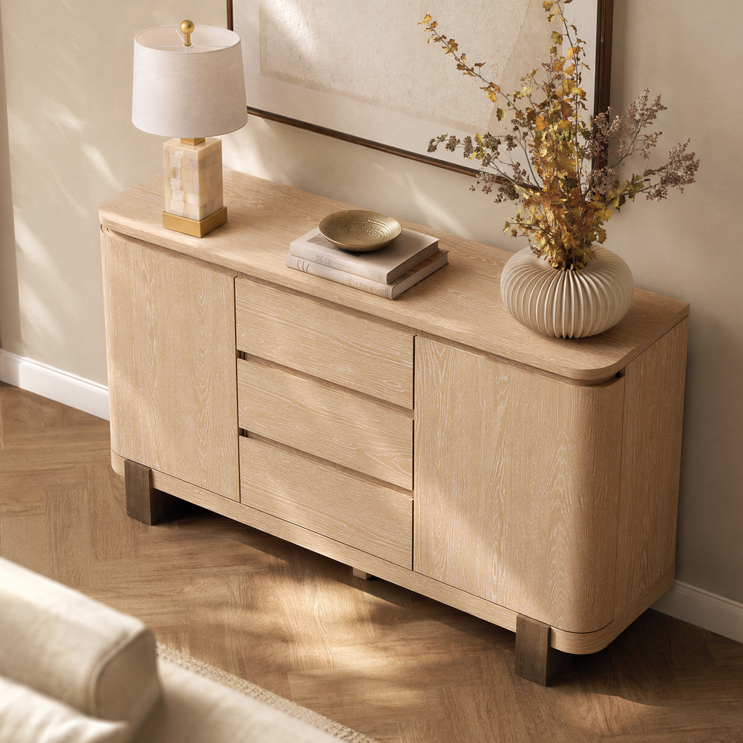 ModernMate 56 Inch Sideboard Buffet Cabinet, Storage Credenza with 3 Drawers and 2 Doors, Modern Organic Dining Room Storage Cabinet with Adjustable Shelves & Soft Close Hinges, Natural Oak