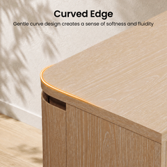 The close view shows a rounded outer corner on the light wood-grain tabletop, The graphic headline reads Curved Edge