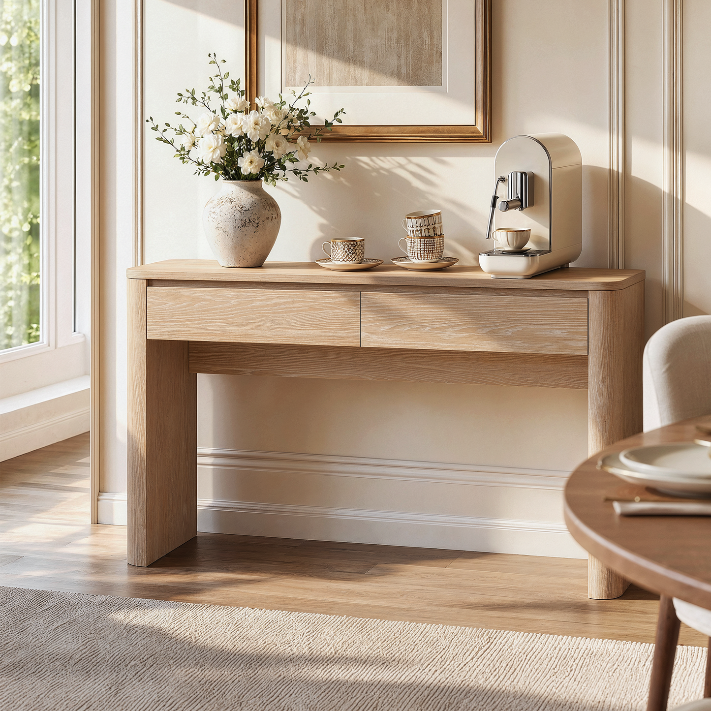 ModernMate 59" Console Table with 2 Drawers, Narrow Entryway Sofa Table with Rounded Corners for Living Room, Modern Organic Entrance, Foyer, Natural Oak