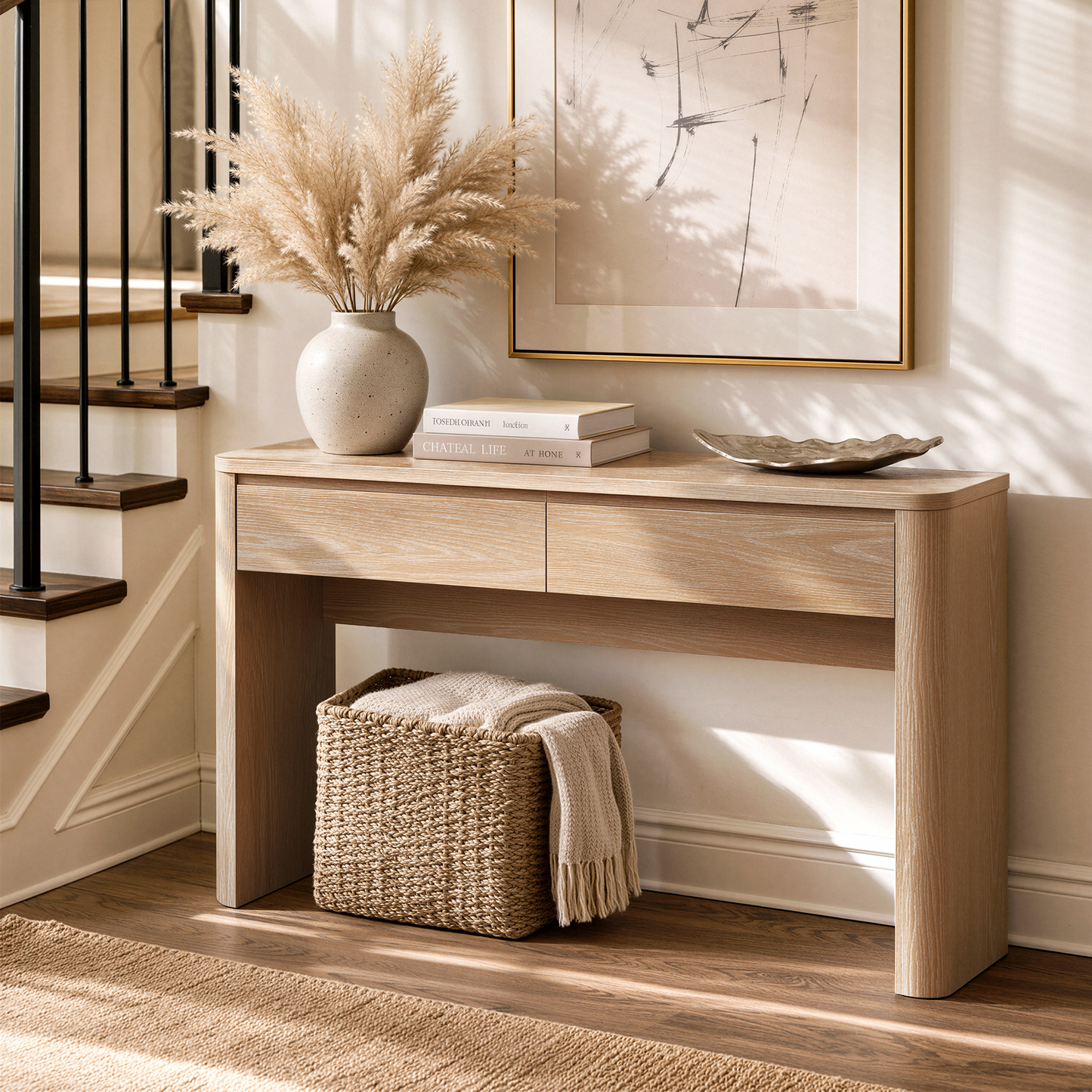 ModernMate 59" Console Table with 2 Drawers, Narrow Entryway Sofa Table with Rounded Corners for Living Room, Modern Organic Entrance, Foyer, Natural Oak