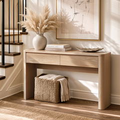 Wood-toned console shown in a furnished room