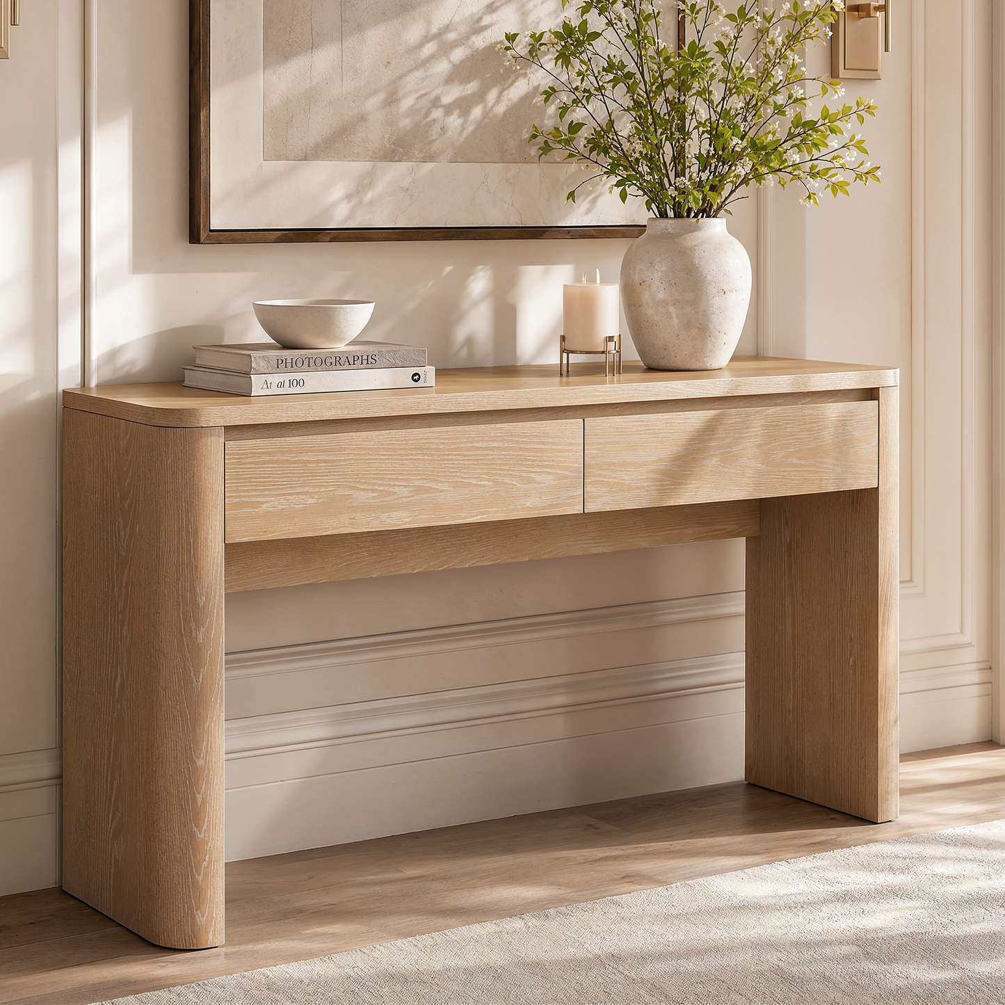 ModernMate 59" Console Table with 2 Drawers, Narrow Entryway Sofa Table with Rounded Corners for Living Room, Modern Organic Entrance, Foyer, Natural Oak