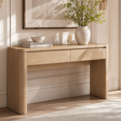 Wood-toned console table shown in a furnished room