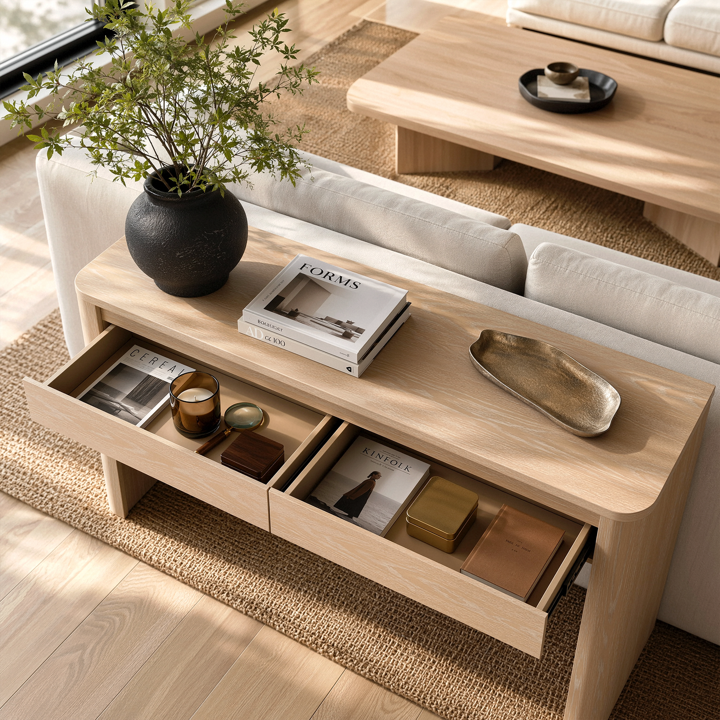 ModernMate 59" Console Table with 2 Drawers, Narrow Entryway Sofa Table with Rounded Corners for Living Room, Modern Organic Entrance, Foyer, Natural Oak
