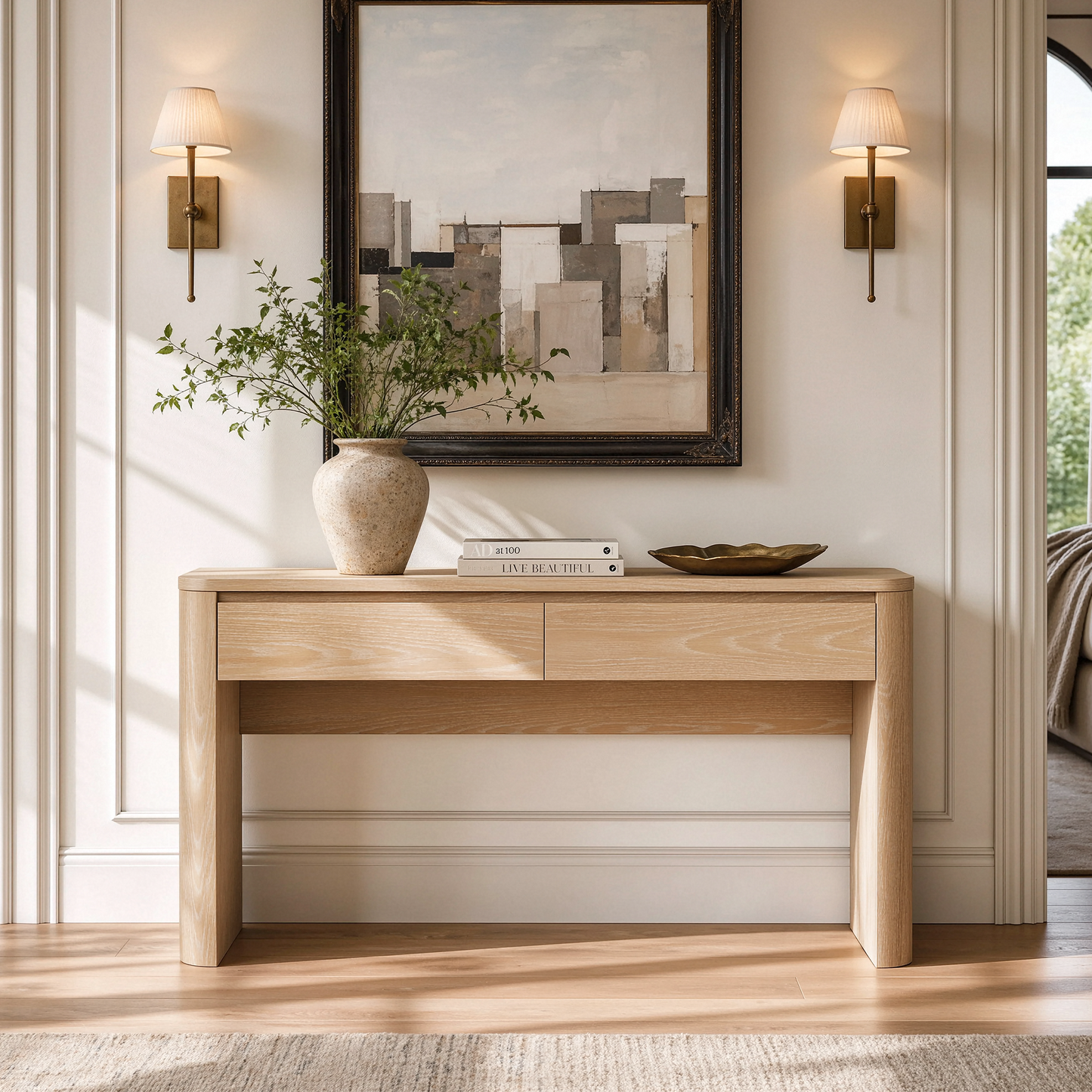ModernMate 59" Console Table with 2 Drawers, Narrow Entryway Sofa Table with Rounded Corners for Living Room, Modern Organic Entrance, Foyer, Natural Oak