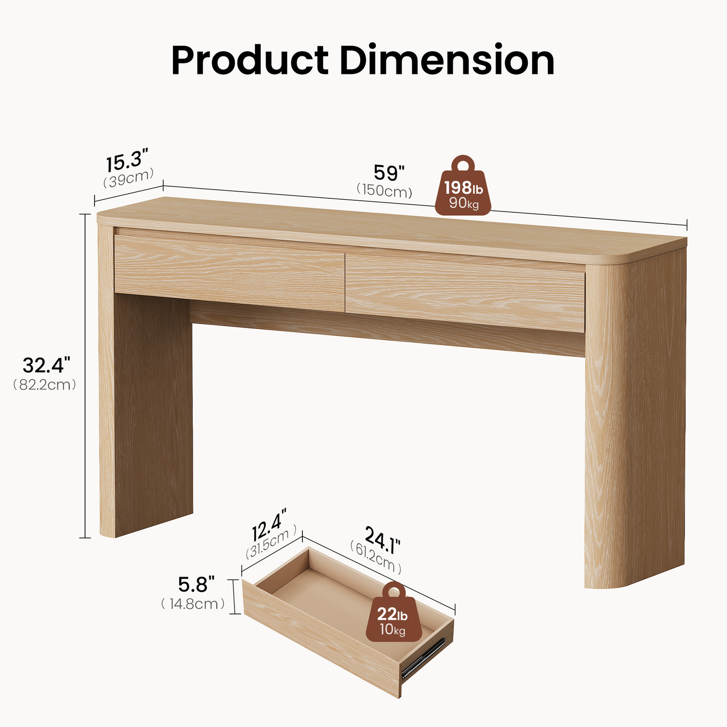 ModernMate 59" Console Table with 2 Drawers, Narrow Entryway Sofa Table with Rounded Corners for Living Room, Modern Organic Entrance, Foyer, Natural Oak
